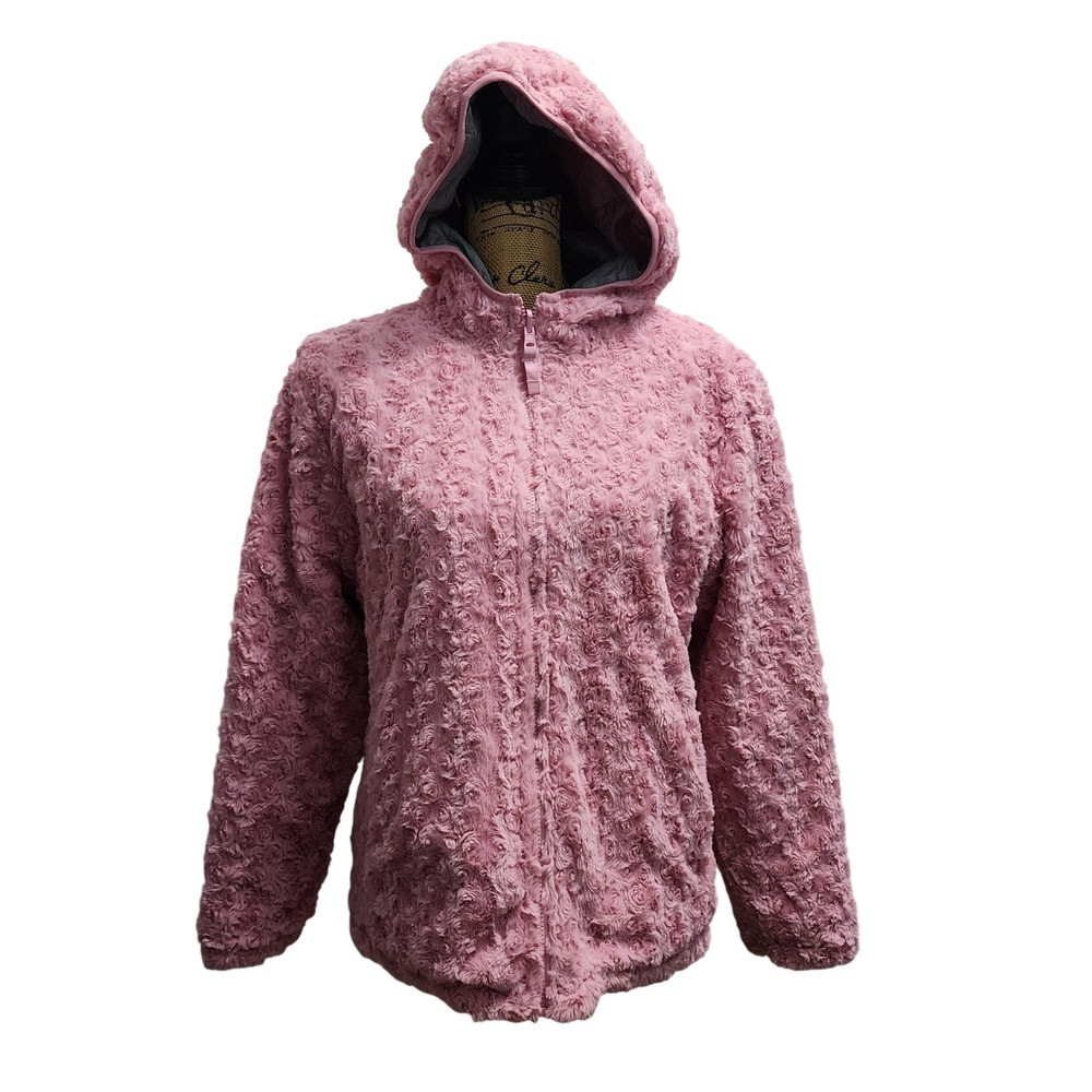 Eddie Bauer Reversible Hooded Puffer Jacket Pink Rose Faux Fur Gray Quilted Med